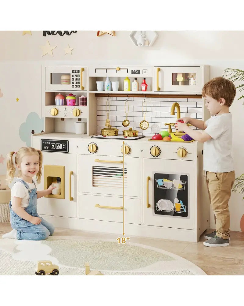 Pretend Toy Kitchen Set with Stoves and Water Dispenser-Beige - Beige - Play Kitchen Sets