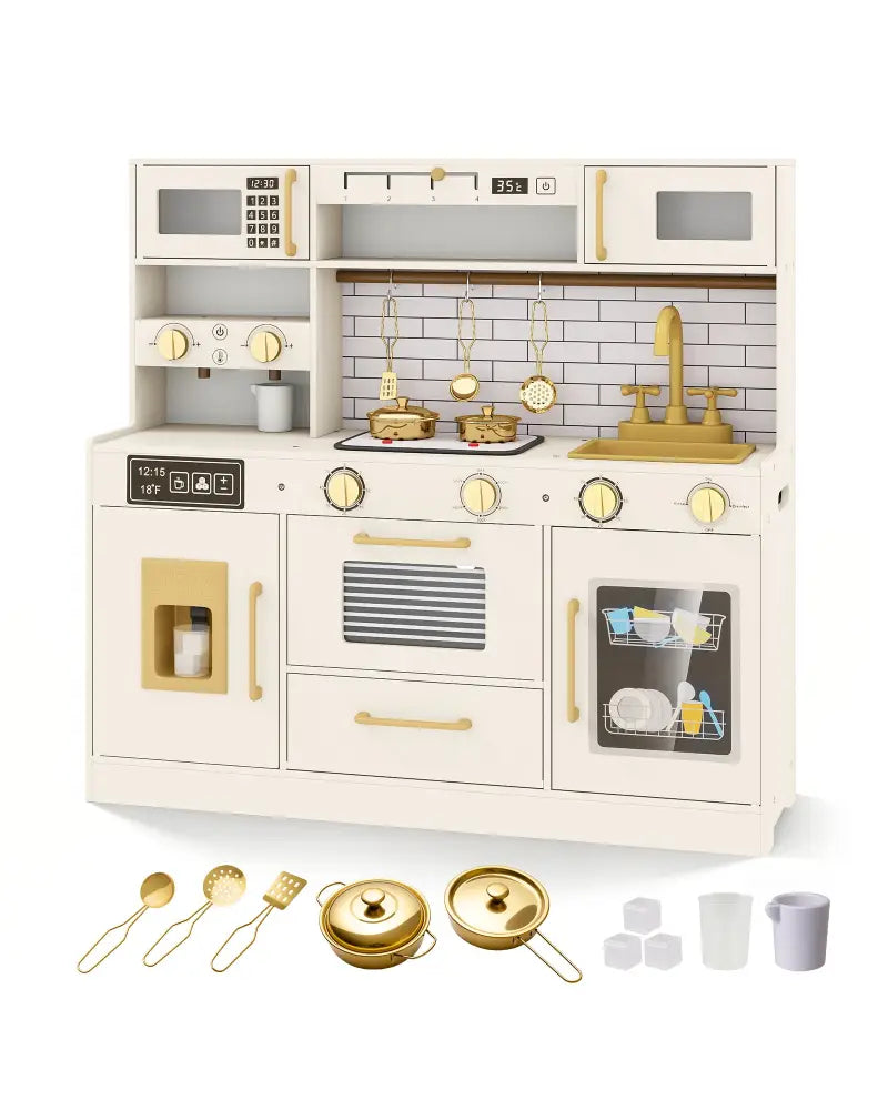 Pretend Toy Kitchen Set with Stoves and Water Dispenser-Beige - Beige - Play Kitchen Sets