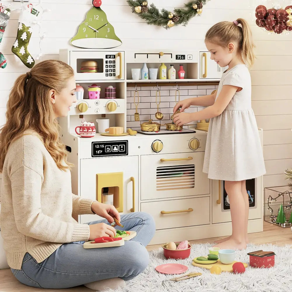 Pretend Toy Kitchen Set with Stoves and Water Dispenser-Beige - Beige - Play Kitchen Sets