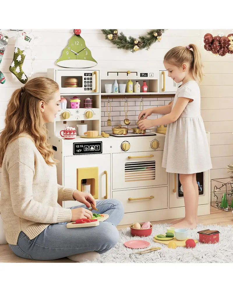 Pretend Toy Kitchen Set with Stoves and Water Dispenser-Beige - Beige - Play Kitchen Sets