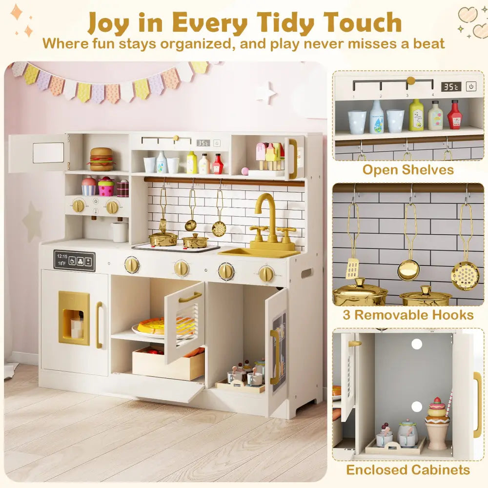 Pretend Toy Kitchen Set with Stoves and Water Dispenser-Beige - Beige - Play Kitchen Sets