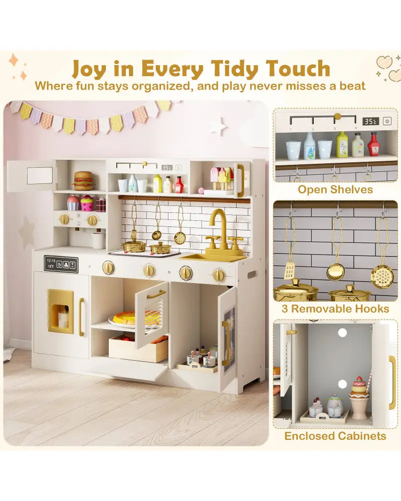 Pretend Toy Kitchen Set with Stoves and Water Dispenser-Beige - Beige - Play Kitchen Sets
