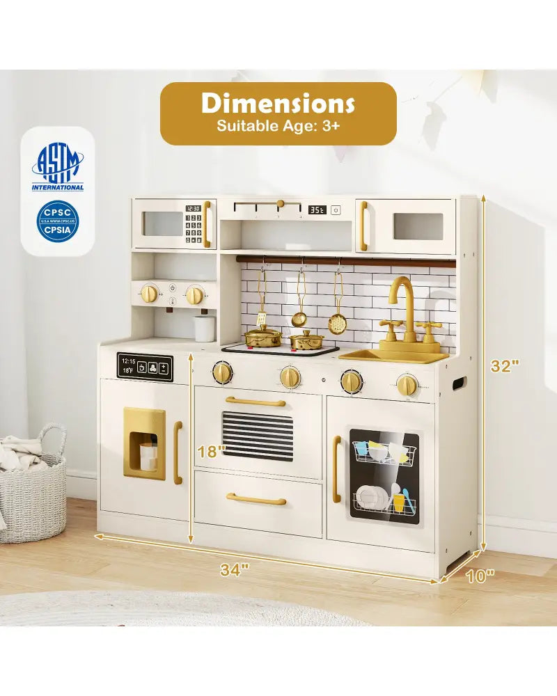 Pretend Toy Kitchen Set with Stoves and Water Dispenser-Beige - Beige - Play Kitchen Sets