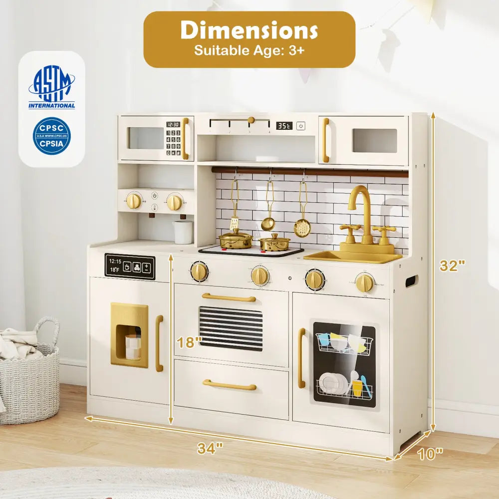 Pretend Toy Kitchen Set with Stoves and Water Dispenser-Beige - Beige - Play Kitchen Sets