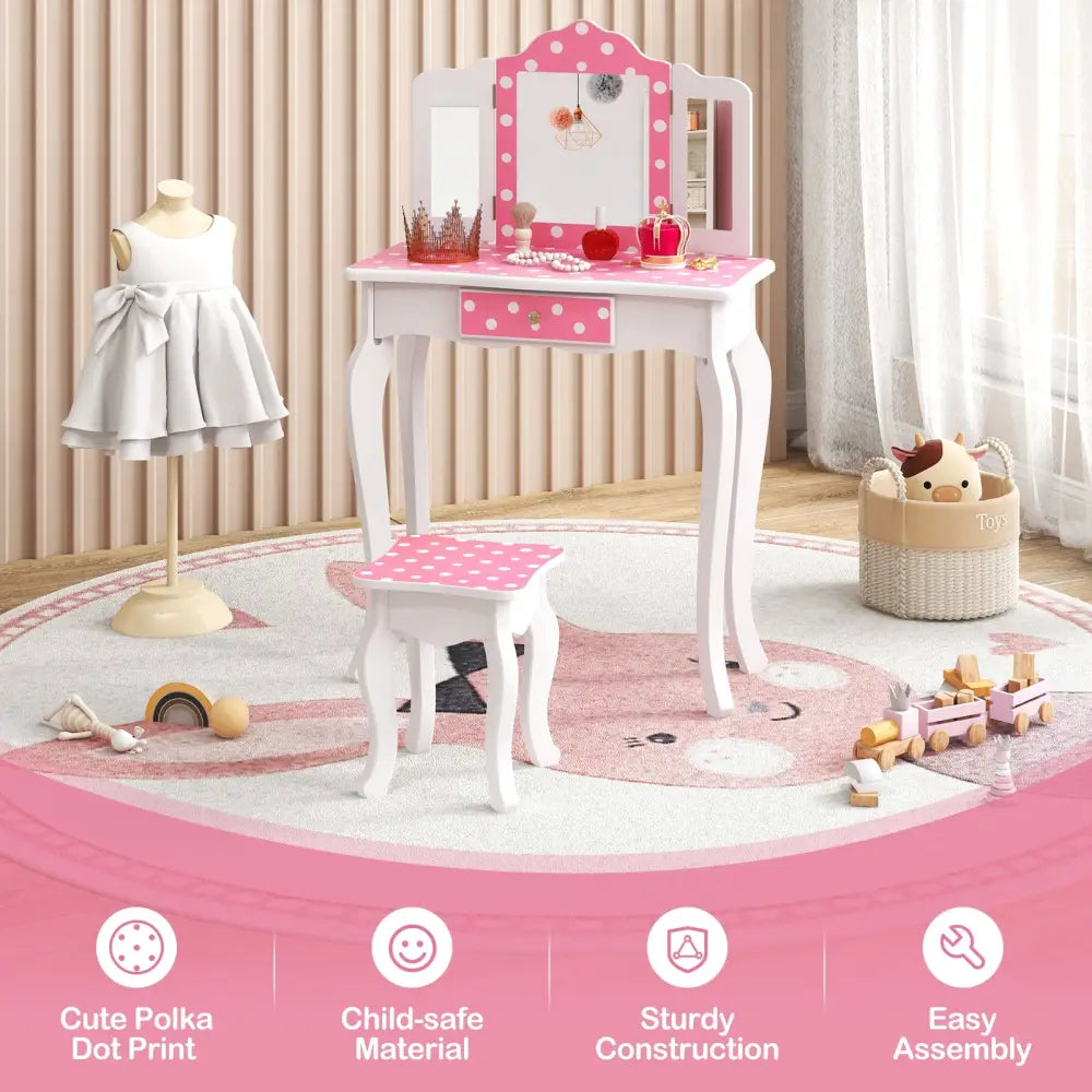 Princess Pretend Play Makeup Dressing Table with Cute Polka Dot Print-Pink - Pink - Kids Vanities