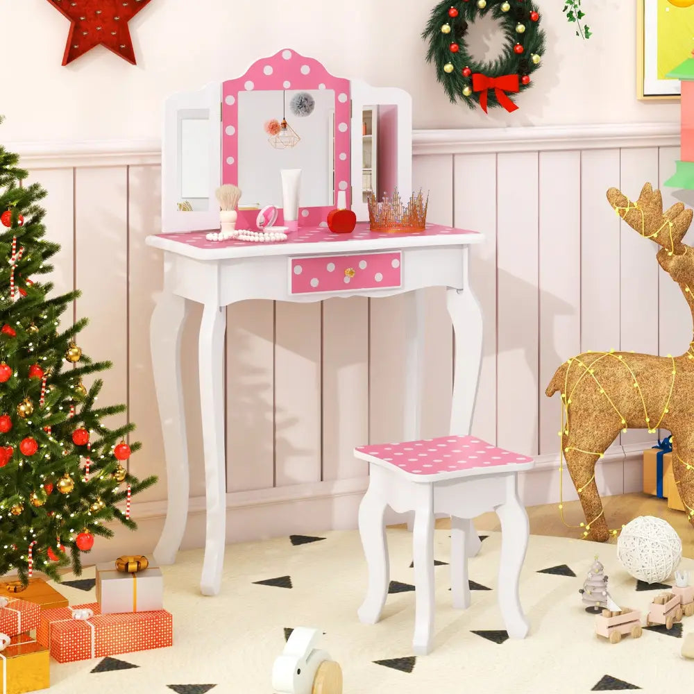 Princess Pretend Play Makeup Dressing Table with Cute Polka Dot Print-Pink - Pink - Kids Vanities