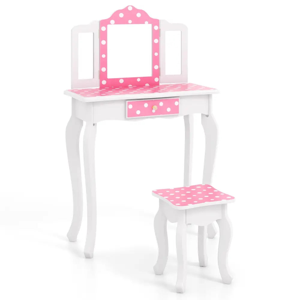 Princess Pretend Play Makeup Dressing Table with Cute Polka Dot Print-Pink - Pink - Kids Vanities