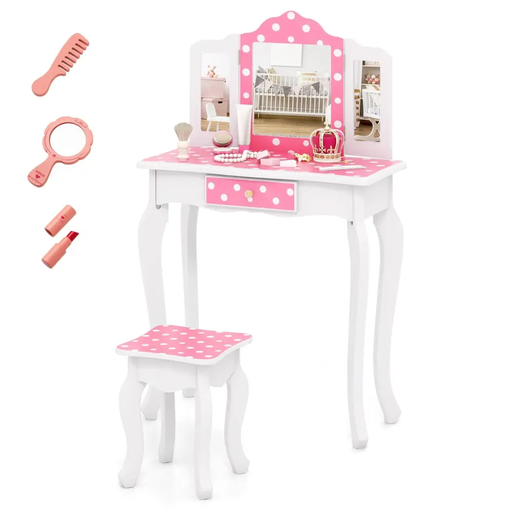 Princess Pretend Play Makeup Dressing Table with Cute Polka Dot Print-Pink - Pink - Kids Vanities