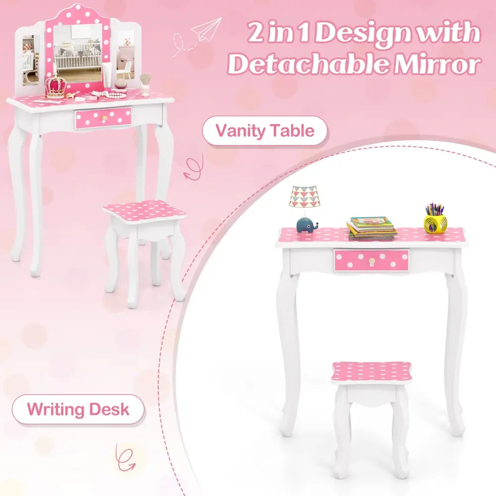 Princess Pretend Play Makeup Dressing Table with Cute Polka Dot Print-Pink - Pink - Kids Vanities