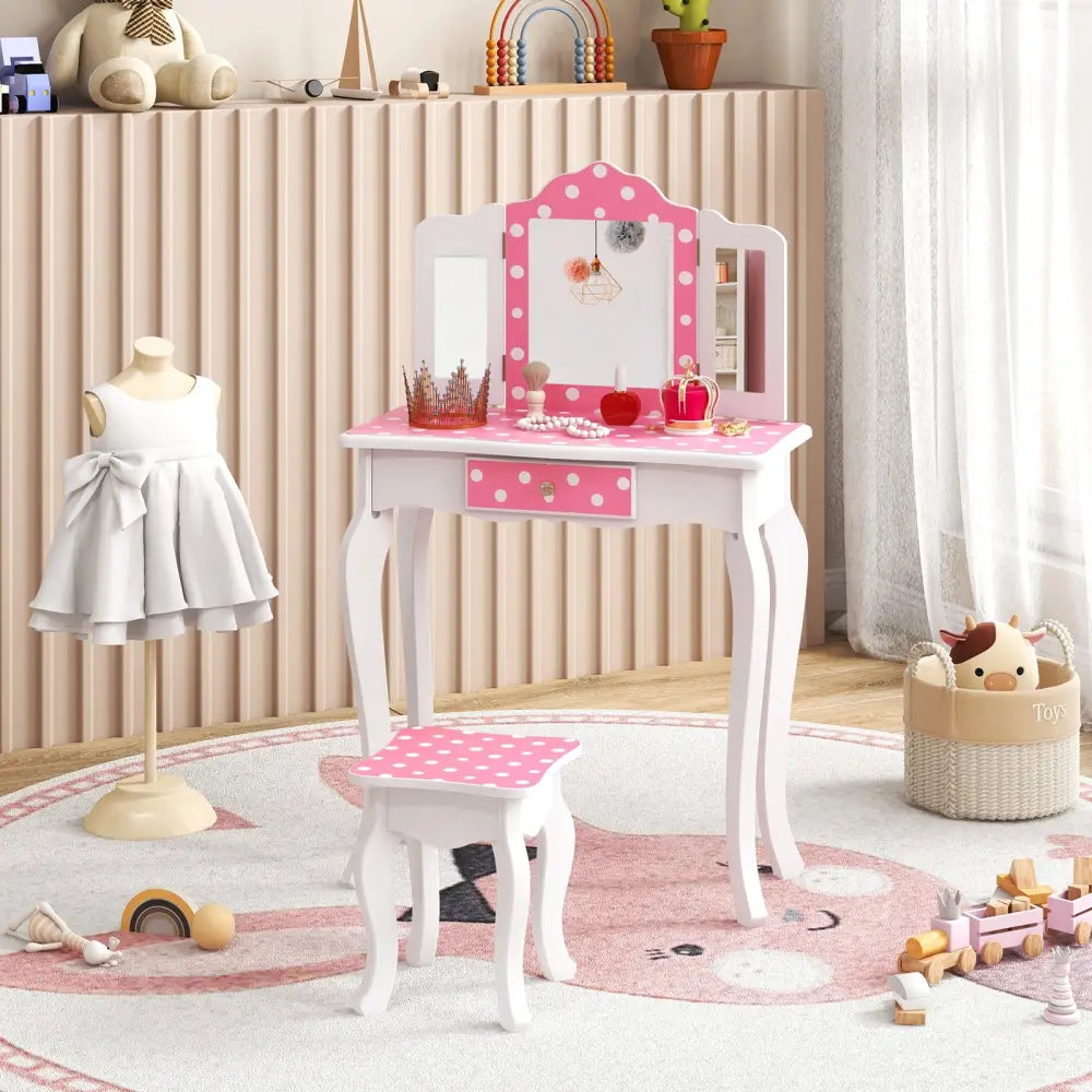 Princess Pretend Play Makeup Dressing Table with Cute Polka Dot Print-Pink - Pink - Kids Vanities
