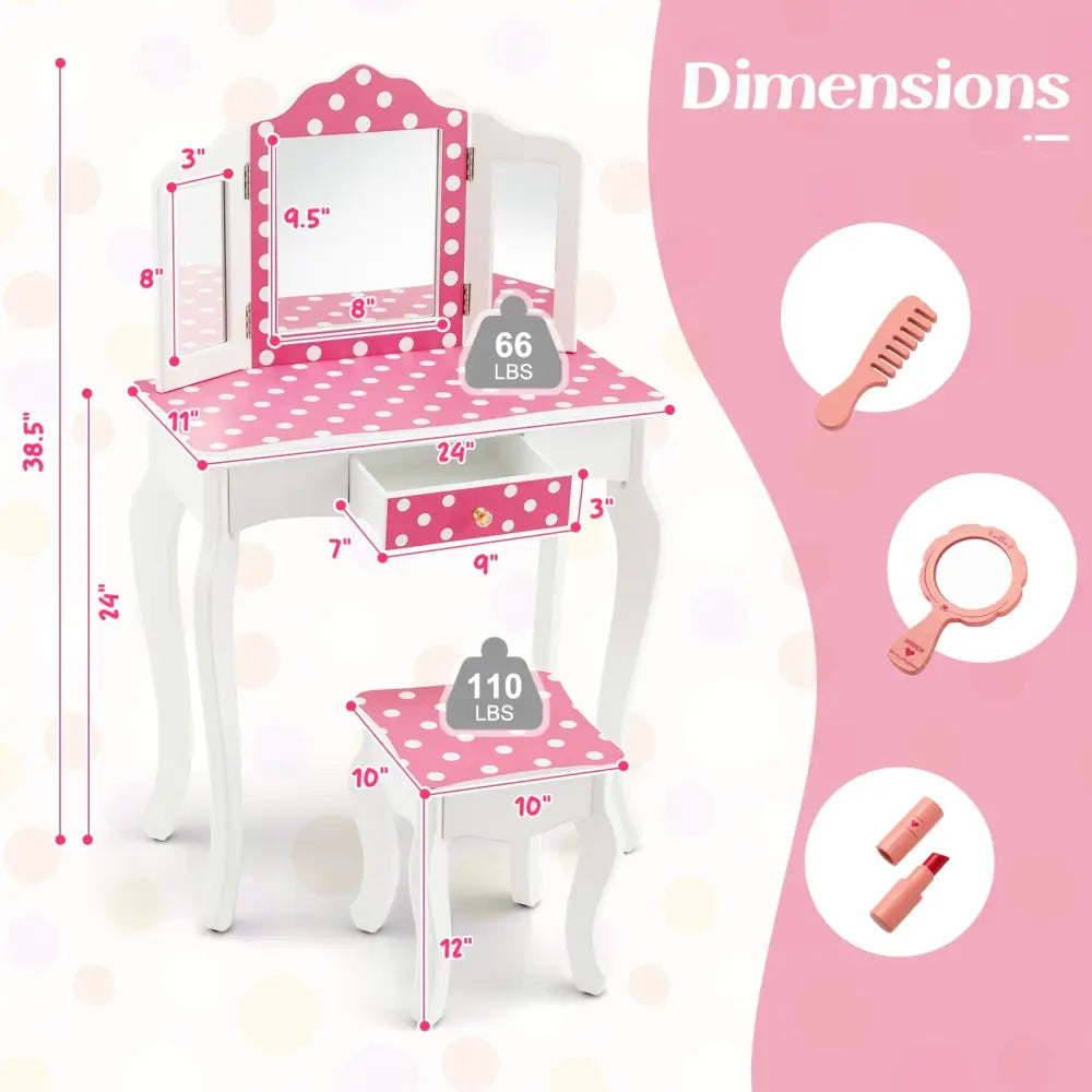 Princess Pretend Play Makeup Dressing Table with Cute Polka Dot Print-Pink - Pink - Kids Vanities