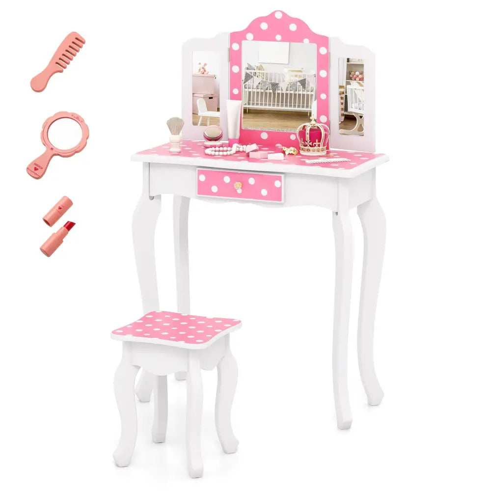 Princess Pretend Play Makeup Dressing Table with Cute Polka Dot Print-Pink - Pink - Kids Vanities