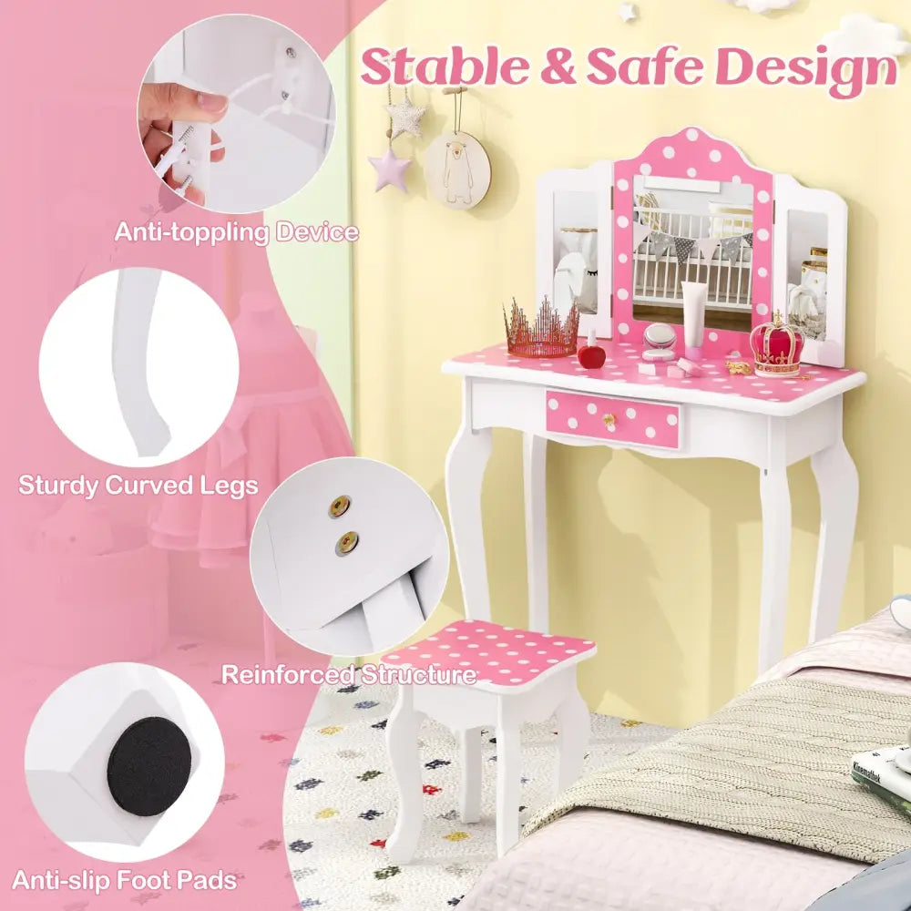 Princess Pretend Play Makeup Dressing Table with Cute Polka Dot Print-Pink - Pink - Kids Vanities