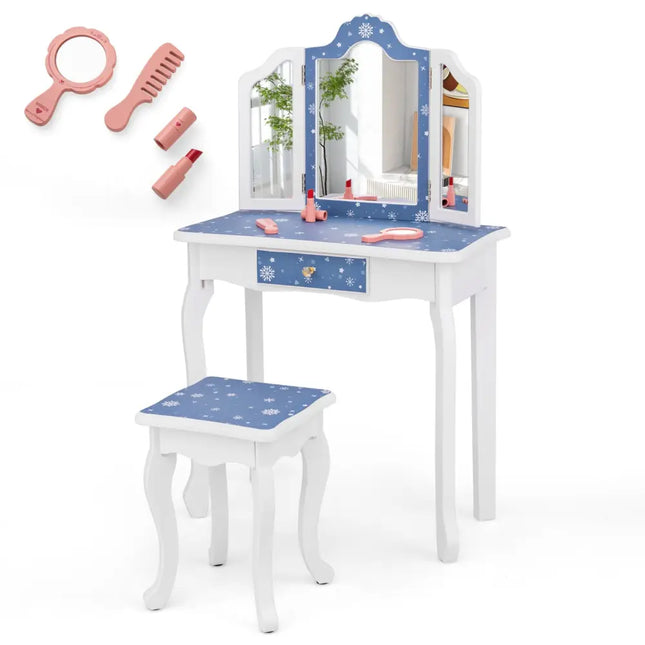 Princess Pretend Play Makeup Table and Stool Set with Tri-folding Mirror-Blue - Blue - Kids Vanities