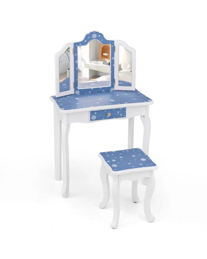 Princess Pretend Play Makeup Table and Stool Set with Tri-folding Mirror-Blue - Blue - Kids Vanities