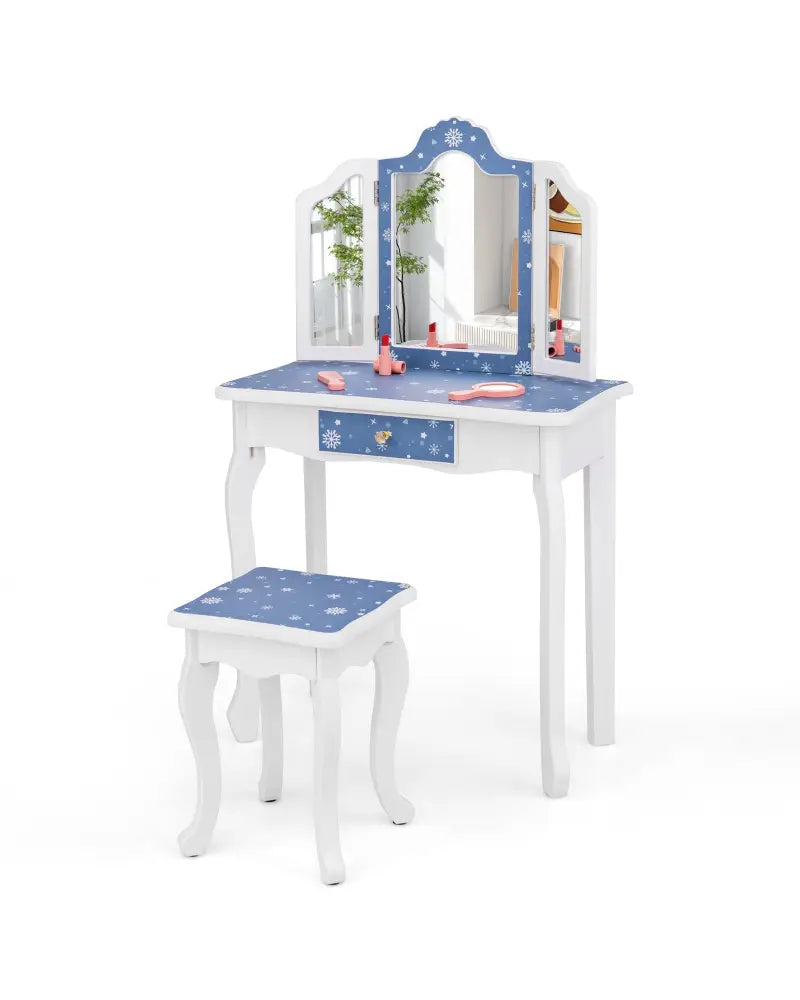 Princess Pretend Play Makeup Table and Stool Set with Tri-folding Mirror-Blue - Blue - Kids Vanities