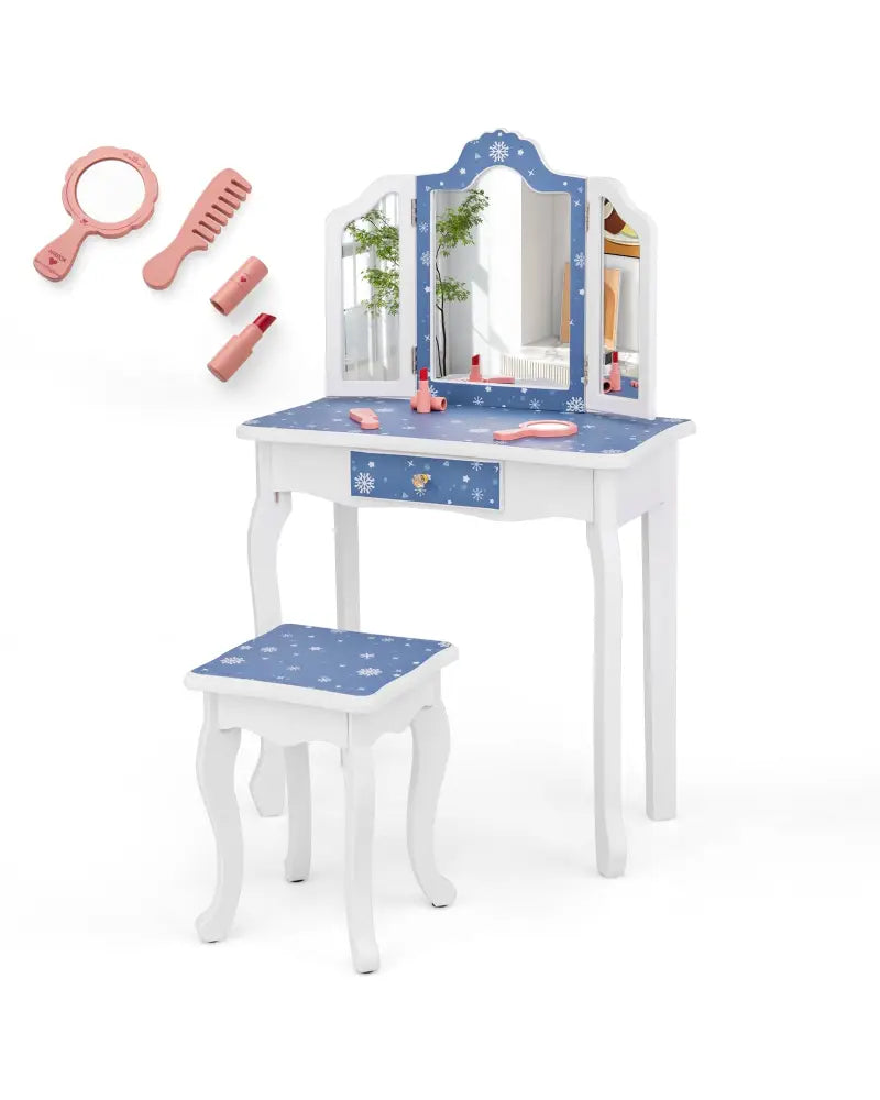 Princess Pretend Play Makeup Table and Stool Set with Tri-folding Mirror-Blue - Blue - Kids Vanities