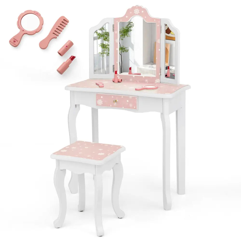Princess Pretend Play Makeup Table and Stool Set with Tri-folding Mirror-Pink - Pink - Kids Vanities