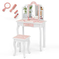 Princess Pretend Play Makeup Table and Stool Set with Tri-folding Mirror-Pink - Pink - Kids Vanities