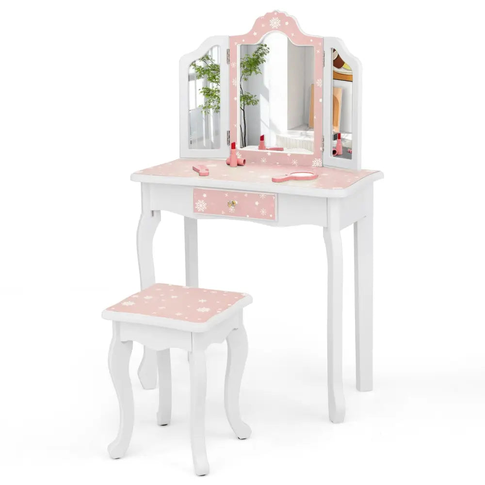 Princess Pretend Play Makeup Table and Stool Set with Tri-folding Mirror-Pink - Pink - Kids Vanities
