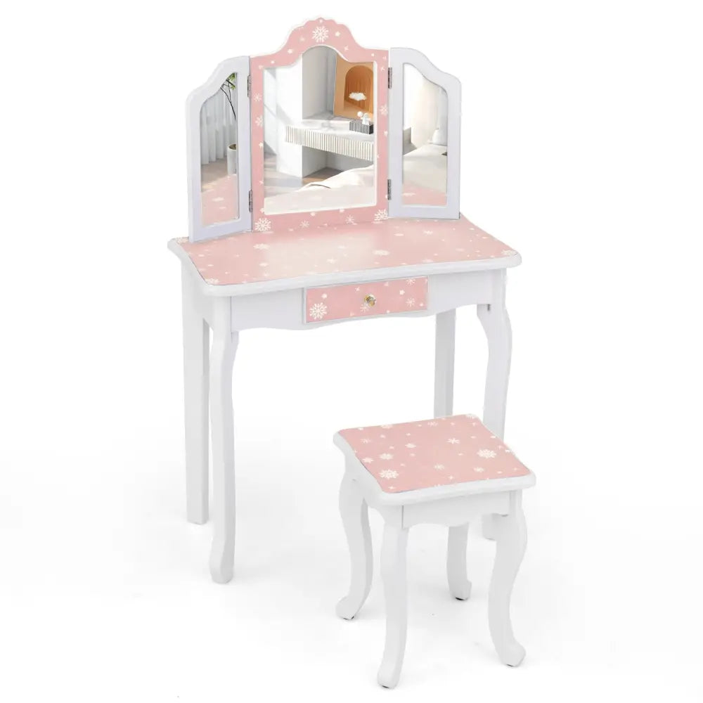 Princess Pretend Play Makeup Table and Stool Set with Tri-folding Mirror-Pink - Pink - Kids Vanities