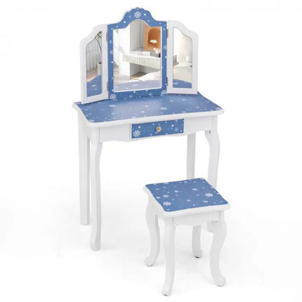 Princess Pretend Play Makeup Table and Stool Set with Trifolding MirrorBlue - Blue - Kids Vanities