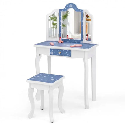 Princess Pretend Play Makeup Table and Stool Set with Trifolding MirrorBlue - Blue - Kids Vanities