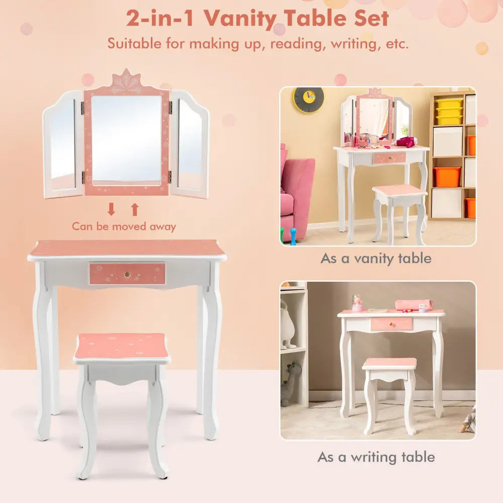Princess Vanity Table and Chair Set with Tri-Folding Mirror and Snowflake Print-Pink - Pink - Kids Vanities