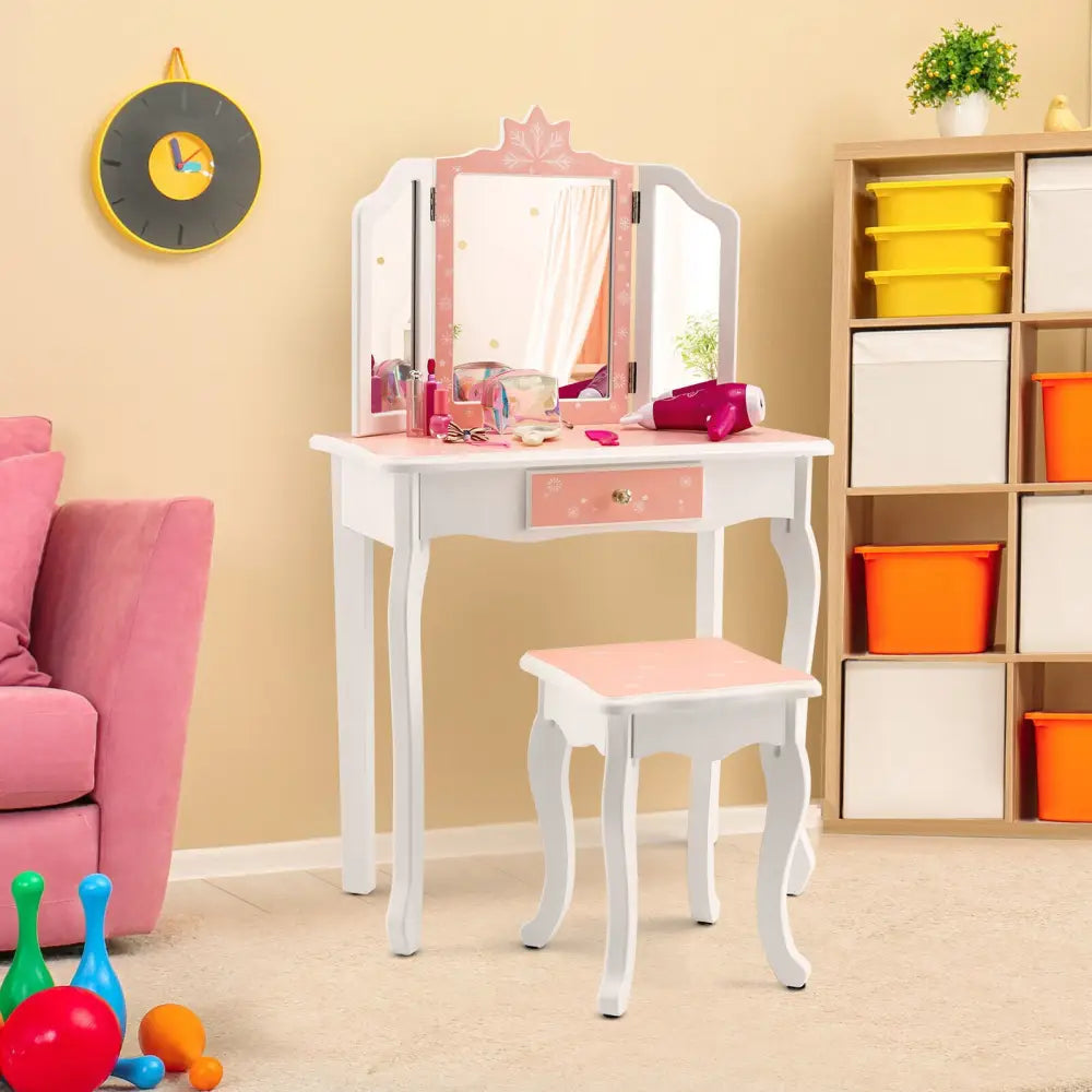 Princess Vanity Table and Chair Set with Tri-Folding Mirror and Snowflake Print-Pink - Pink - Kids Vanities