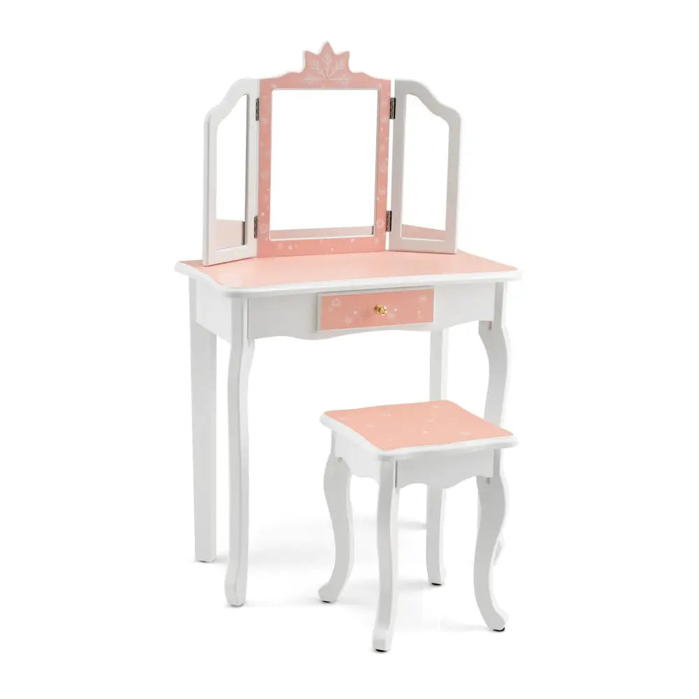 Princess Vanity Table and Chair Set with Tri-Folding Mirror and Snowflake Print-Pink - Pink - Kids Vanities