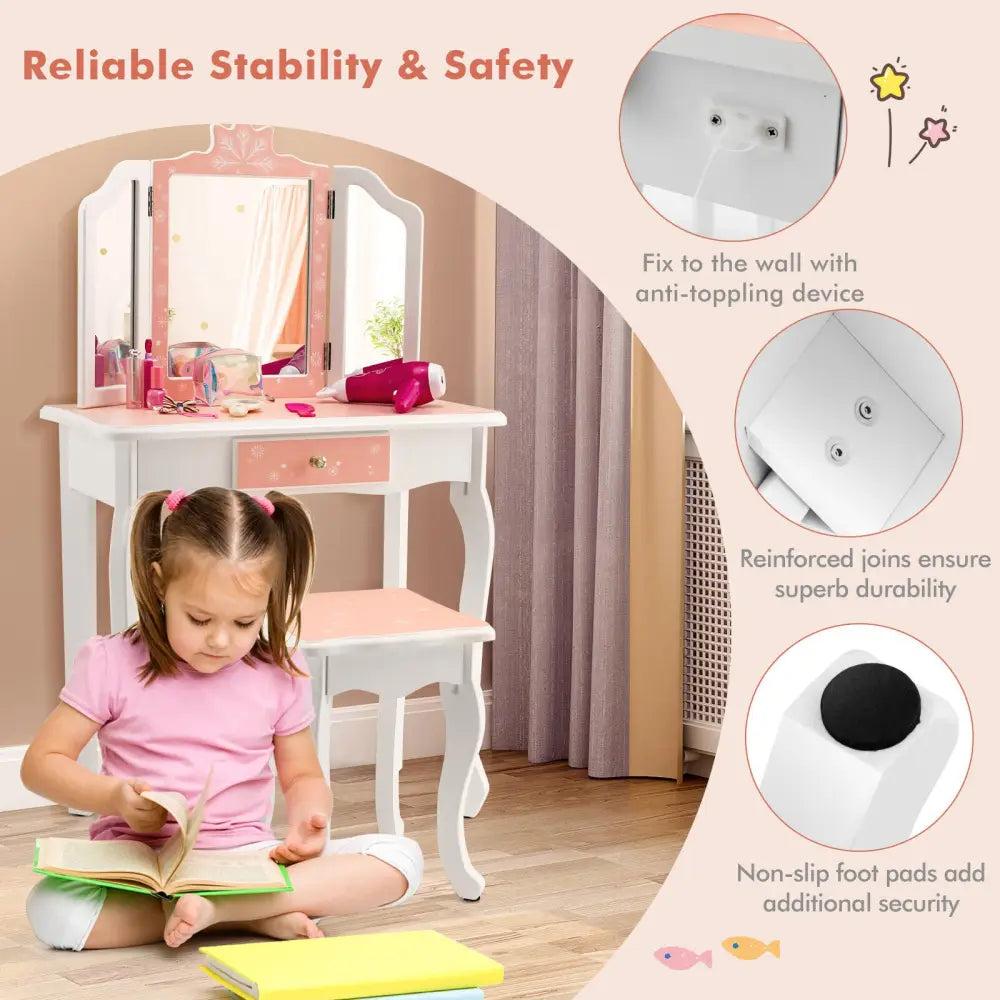 Princess Vanity Table and Chair Set with Tri-Folding Mirror and Snowflake Print-Pink - Pink - Kids Vanities