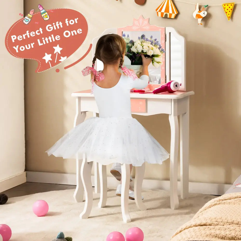 Princess Vanity Table and Chair Set with Tri-Folding Mirror and Snowflake Print-Pink - Pink - Kids Vanities