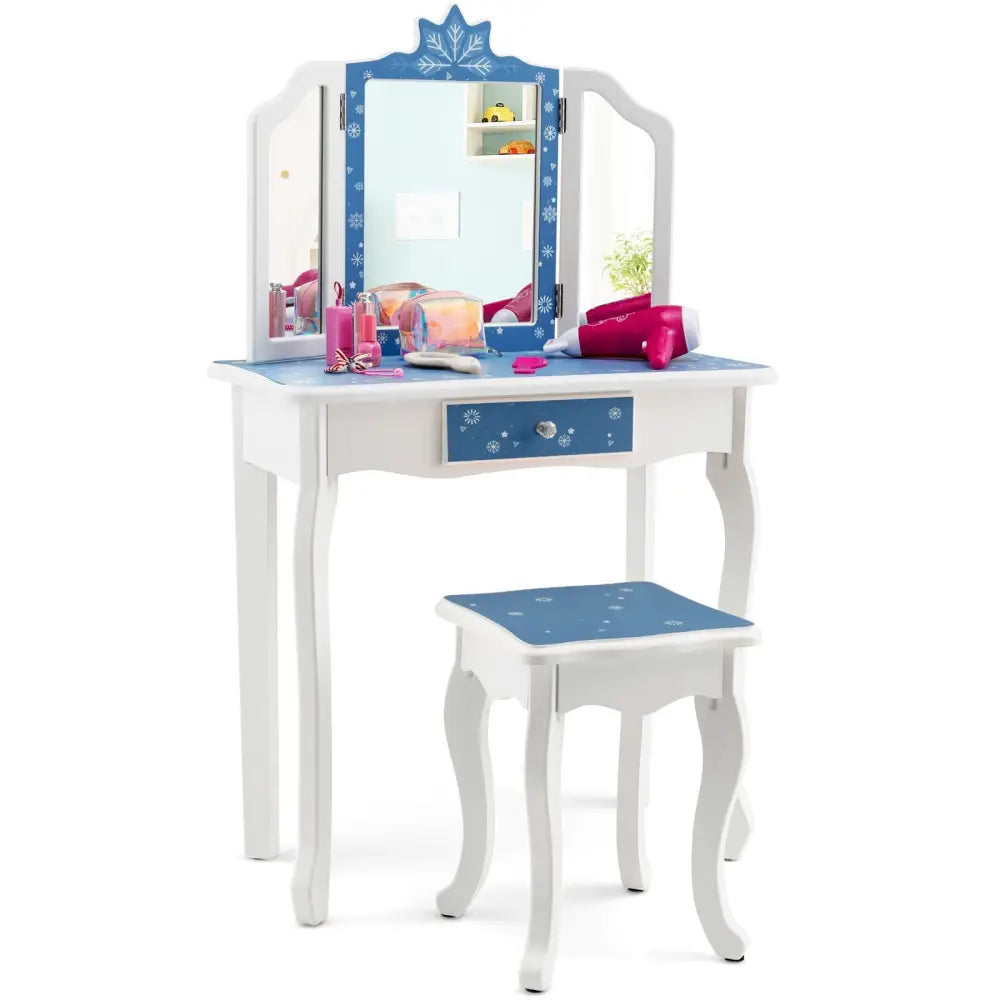 Princess Vanity Table and Chair Set with Tri-Folding Mirror and Snowflake Print-Blue - Blue - Kids Vanities