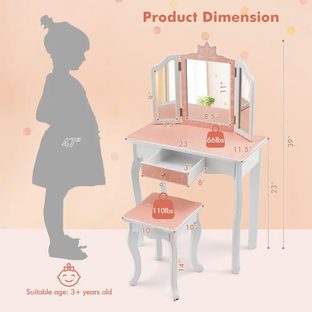 Princess Vanity Table and Chair Set with Tri-Folding Mirror and Snowflake Print-Pink - Pink - Kids Vanities