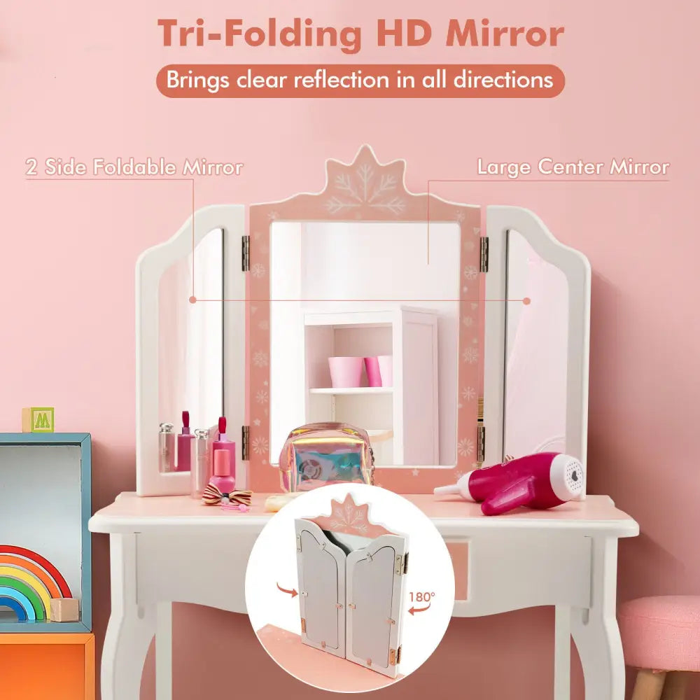 Princess Vanity Table and Chair Set with Tri-Folding Mirror and Snowflake Print-Pink - Pink - Kids Vanities