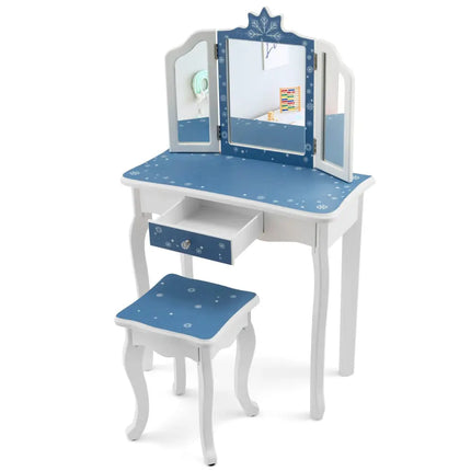 Princess Vanity Table and Chair Set with Tri-Folding Mirror and Snowflake Print-Blue - Blue - Kids Vanities