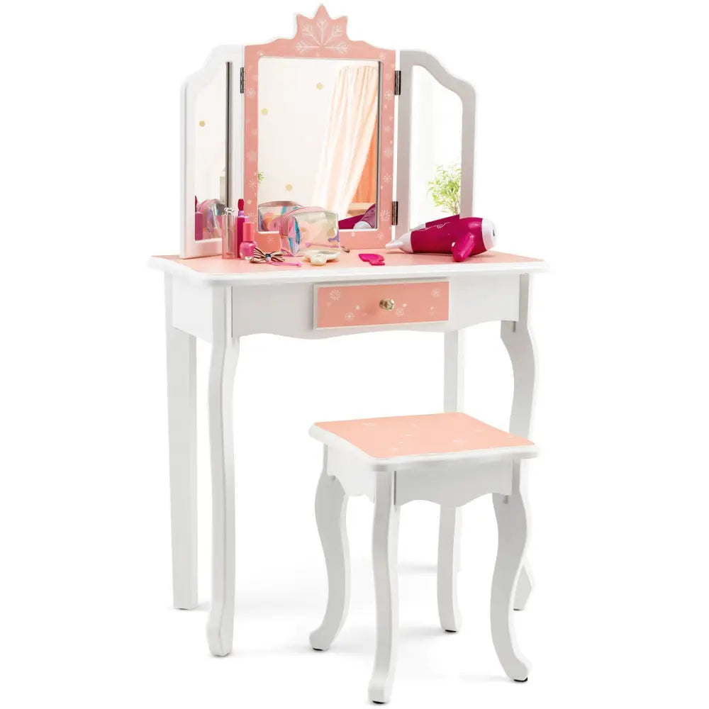 Princess Vanity Table and Chair Set with Tri-Folding Mirror and Snowflake Print-Pink - Pink - Kids Vanities
