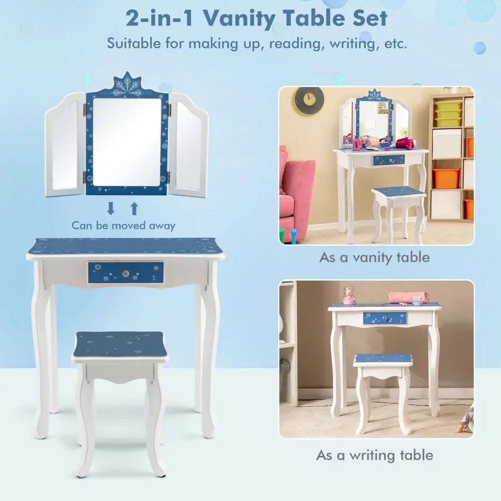 Princess Vanity Table and Chair Set with Tri-Folding Mirror and Snowflake Print-Blue - Blue - Kids Vanities