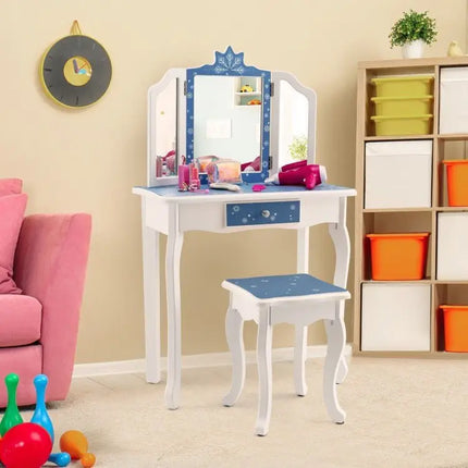 Princess Vanity Table and Chair Set with TriFolding Mirror and Snowflake Print - Blue - Oasis Home Essentials
