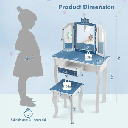 Princess Vanity Table and Chair Set with TriFolding Mirror and Snowflake Print - Blue - Oasis Home Essentials