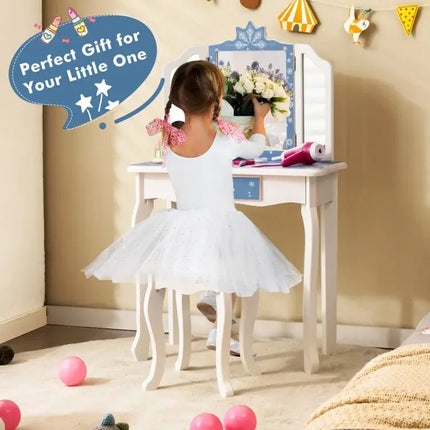 Princess Vanity Table and Chair Set with TriFolding Mirror and Snowflake Print - Blue - Oasis Home Essentials