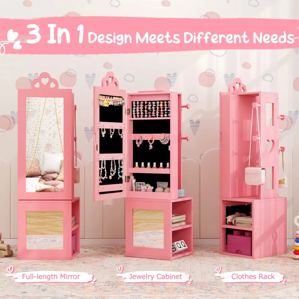 Princess Vanity Table and Stool Set Freestanding Jewelry Cabinet Armoire with Full-Length Mirror-Pink - Pink - Kids
