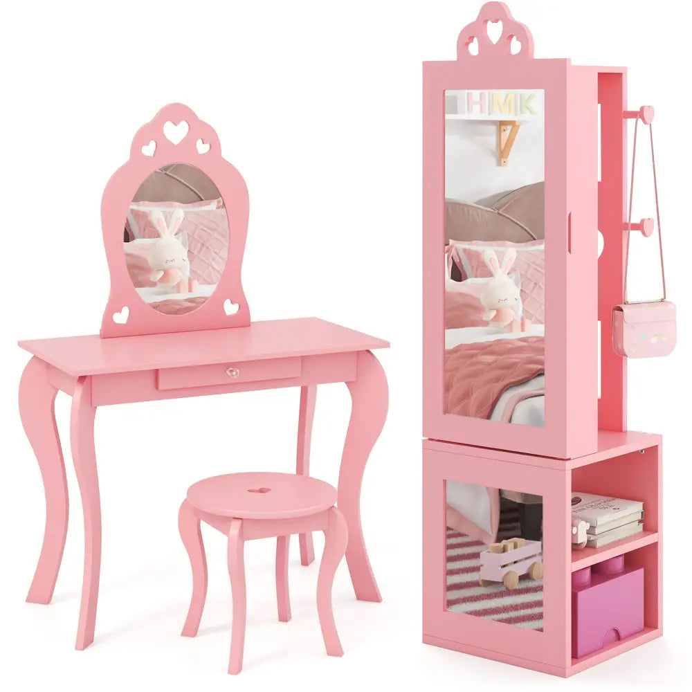 Princess Vanity Table and Stool Set Freestanding Jewelry Cabinet Armoire with Full-Length Mirror-Pink - Pink - Kids