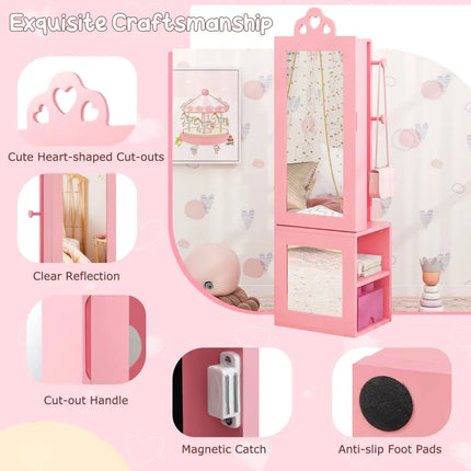 Princess Vanity Table and Stool Set Freestanding Jewelry Cabinet Armoire with Full-Length Mirror-Pink - Pink - Kids