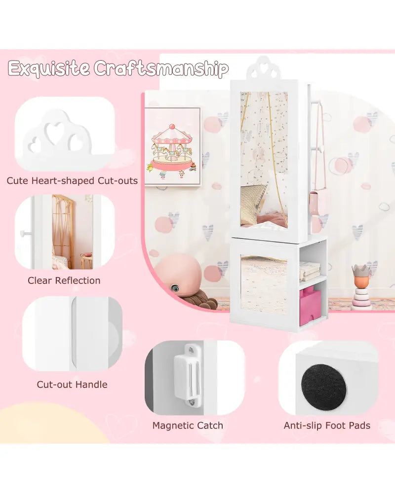 Princess Vanity Table and Stool Set Freestanding Jewelry Cabinet Armoire with Full-Length Mirror-White - White - Kids