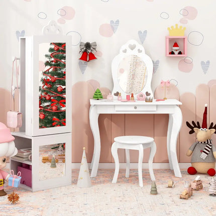 Princess Vanity Table and Stool Set Freestanding Jewelry Cabinet Armoire with Full-Length Mirror-White - White - Kids