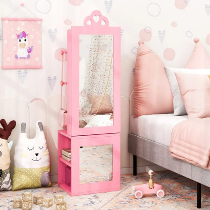 Princess Vanity Table and Stool Set Freestanding Jewelry Cabinet Armoire with Full-Length Mirror-Pink - Pink - Kids