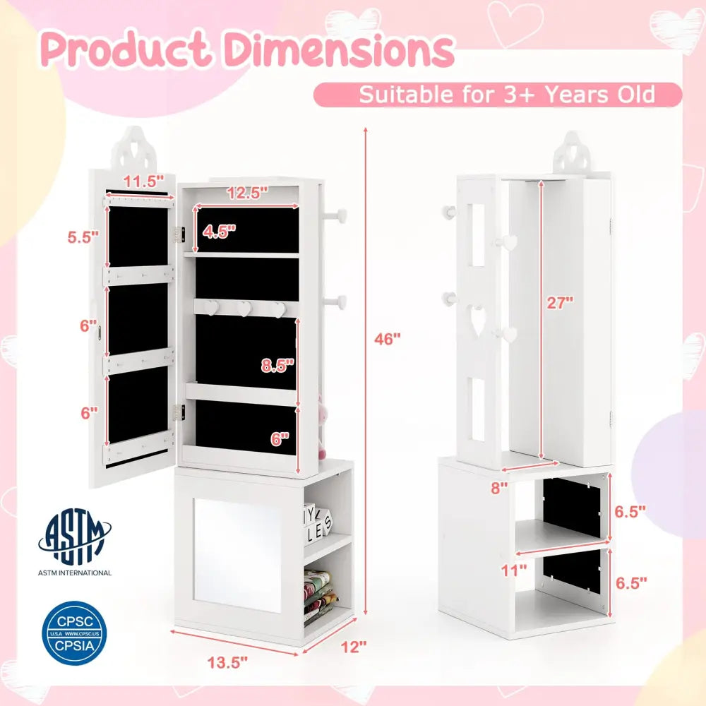 Princess Vanity Table and Stool Set Freestanding Jewelry Cabinet Armoire with Full-Length Mirror-White - White - Kids