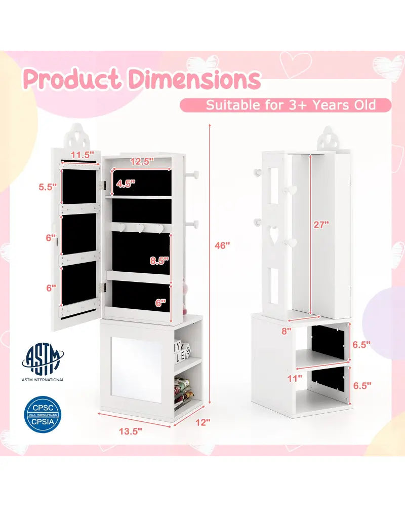 Princess Vanity Table and Stool Set Freestanding Jewelry Cabinet Armoire with Full-Length Mirror-White - White - Kids