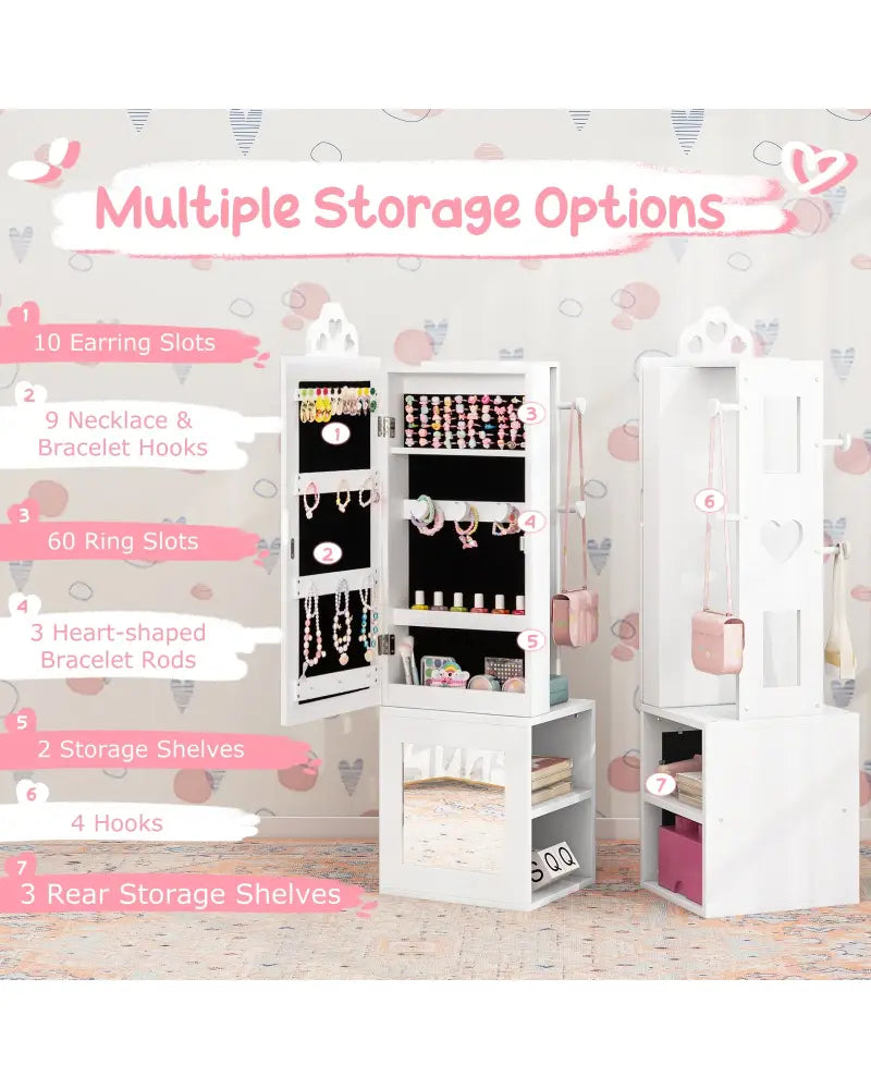 Princess Vanity Table and Stool Set Freestanding Jewelry Cabinet Armoire with Full-Length Mirror-White - White - Kids